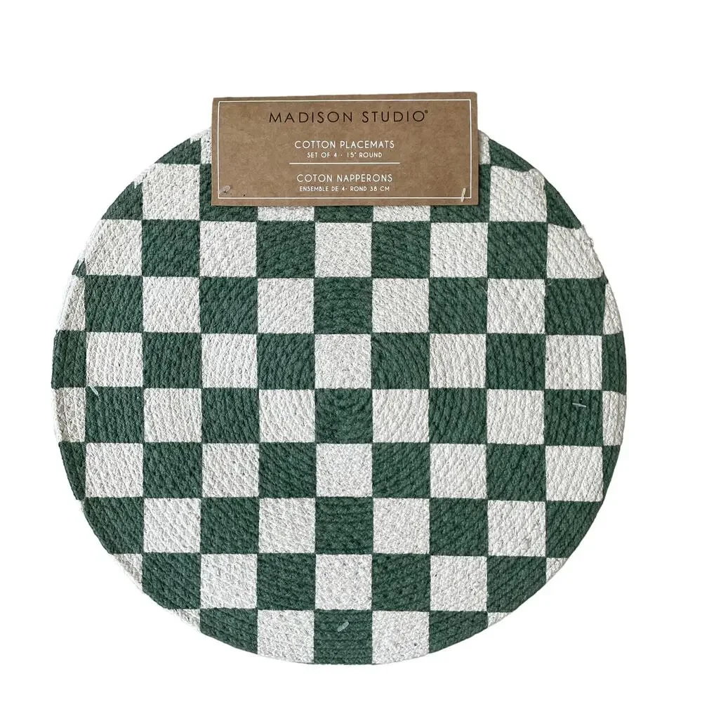 MADISON STUDIO Checkered Cotton Placemats 15in Sage Green & White Set of 4 NEW